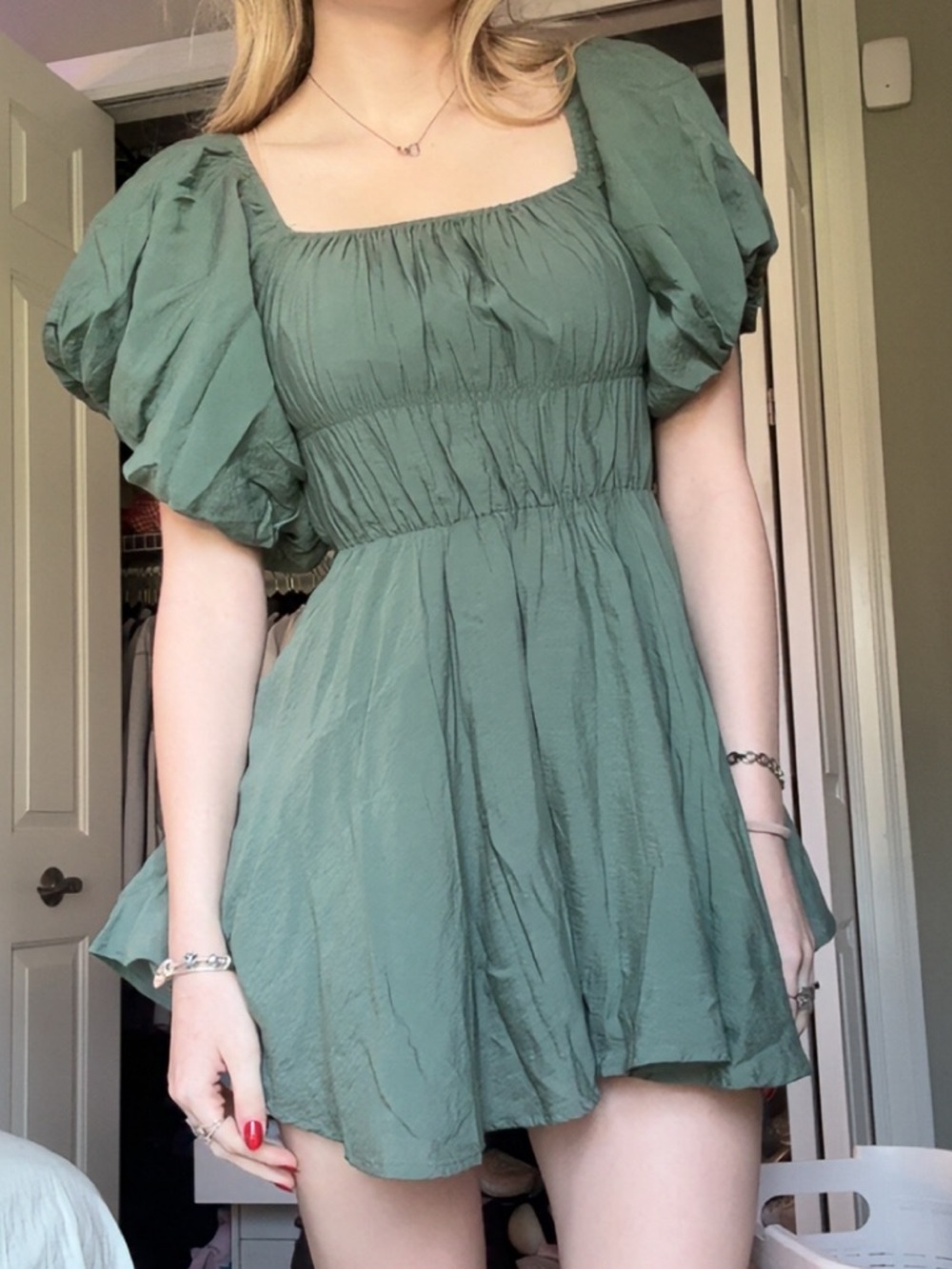 Altar'd State Sage Green Puff-Sleeve Smocked Mini Dress